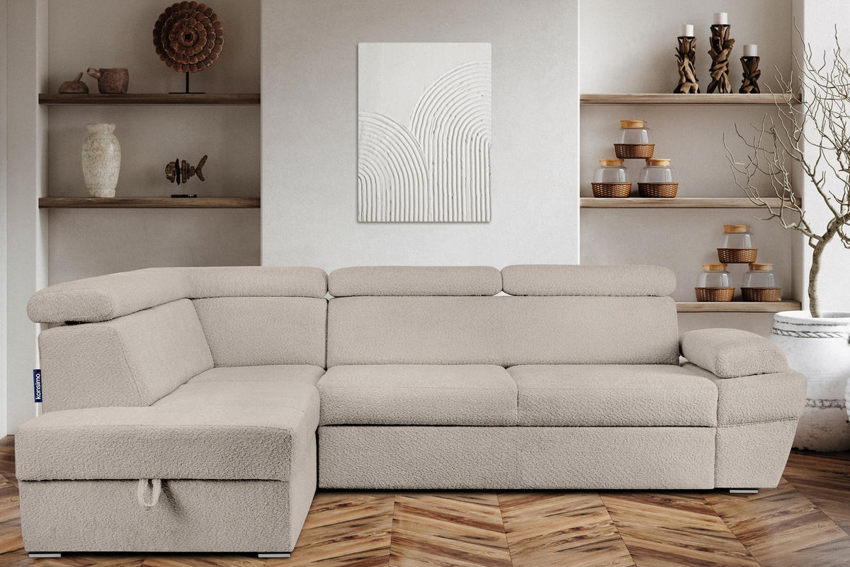 SCHLAFECKSOFA RATLO links 4/5-Sitzer mit Bettkasten, Ecru - Ecru/Silberfarben, Textil (270/190cm) - KONSIMO®