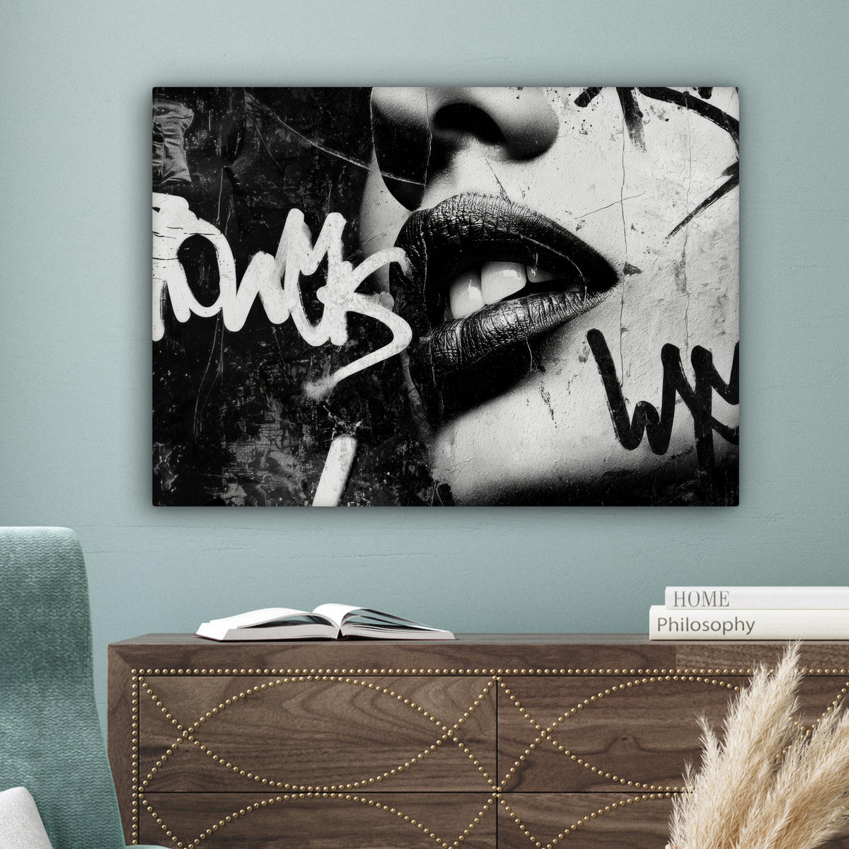 LEINWANDBILD Gesicht - Mund - Graffiti - Schwarz Wandbilder 80x60 cm - Schwarz, Textil (80/60cm) - MuchoWow