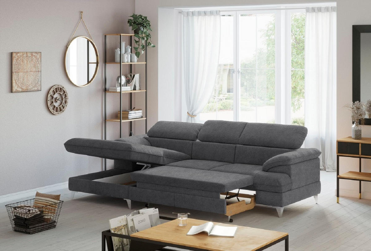 ECKSOFA mit Schlaffunktion und Bettkasten, verstellbare Kopfstützen - Chromfarben/Dunkelgrau, Textil/Metall (254/167cm) - Cotta
