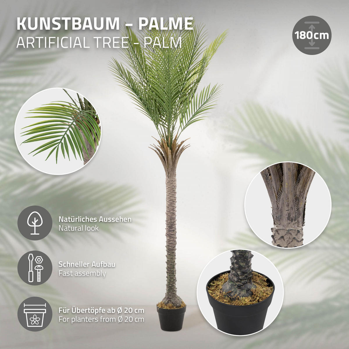 KUNSTPFLANZE Palme - Anthrazit/Grün, Holz/Kunststoff (180cm) - ML-DESIGN