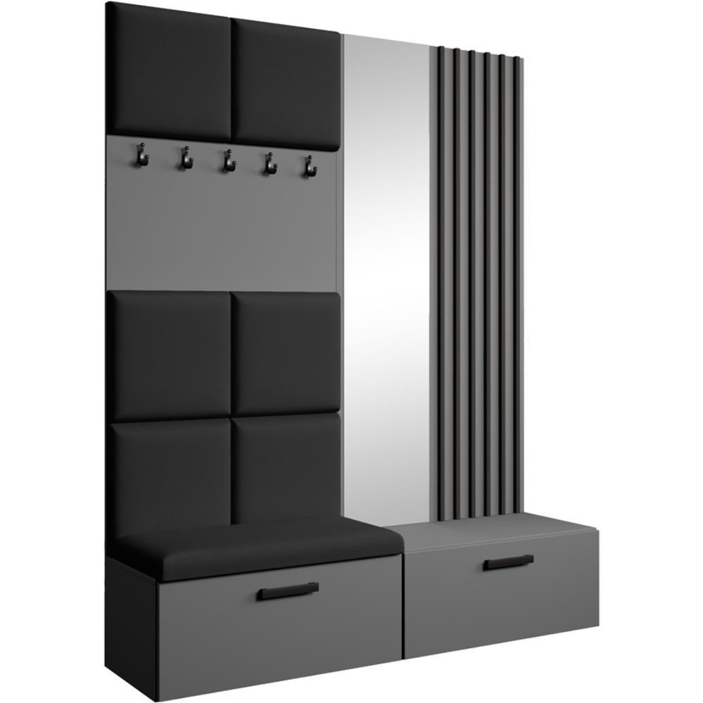 Beautysofa PŘEDSÍŇOVÁ sestava Margaret I+II 162/203/43 s čalouněnými panely / lamelami / zrcadlem, grafitová|černá