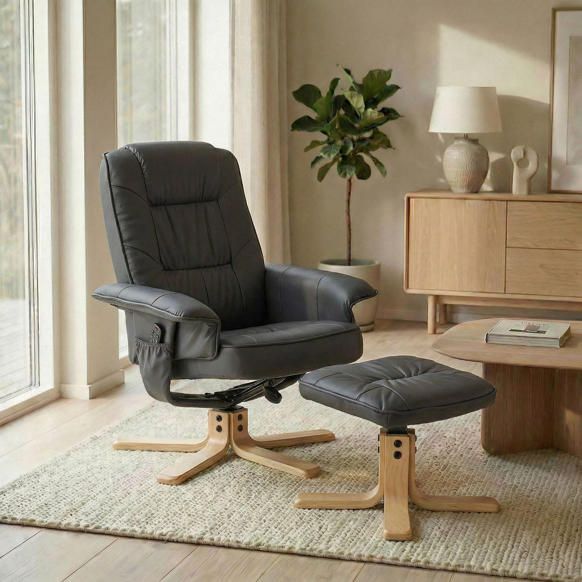 RELAXSESSEL KUNSTLEDER, SET MIT HOCKER CHARLY - Grau, Textil (76/87/61cm) - IDIMEX