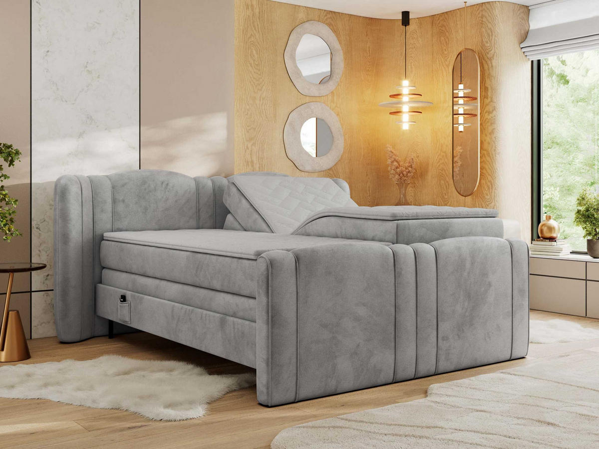 BOXBETT FORTINA 200/200 - Hellgrau Velvet - H4 - Hellgrau, Holz/Textil (200/200cm) - MKS