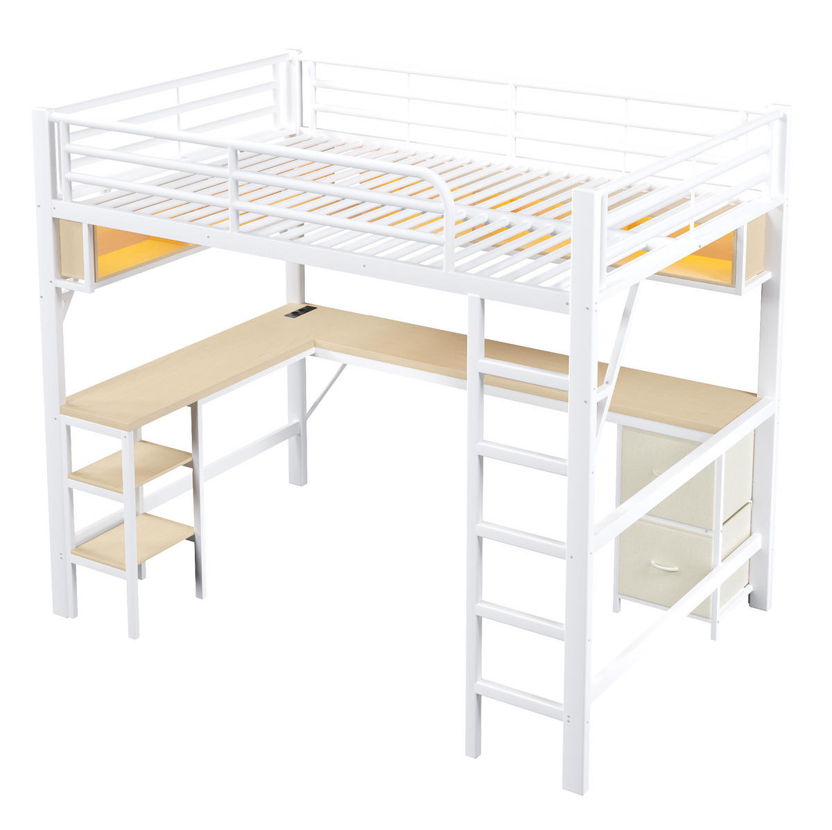 HOCHBETT 140/200 cm in Weiß mit Schreibtisch, Regalen und LED-Beleuchtung - Weiß, Holzwerkstoff (140/200cm) - Flora Grace