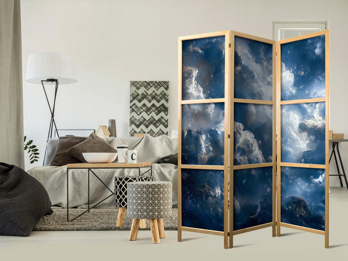 PARAVENT Japanischer 3-tlg 135x172 cm Wolken Und Sterne - Blau, Holz/Textil (135/172/3cm) - Muralo