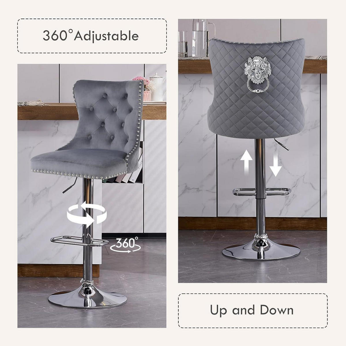 BARHOCKER 2er Set Samt Dunkelgrau Höhenverstellbar mit Lehne und Löwenring-Zuggriff - Grau, Textil (40/118/46cm)