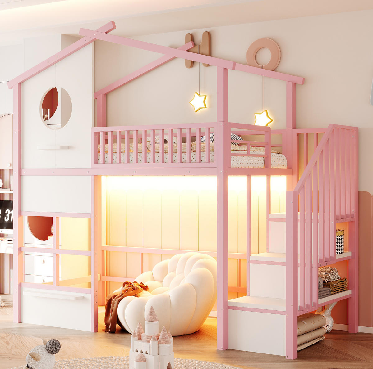 HOCHBETT aus Metall 90x200 cm Weiß/Rosa mit Stauraumtreppe, LED-Lichtband und Hausdesign - Weiß, Metall (90/200cm) - Modfu