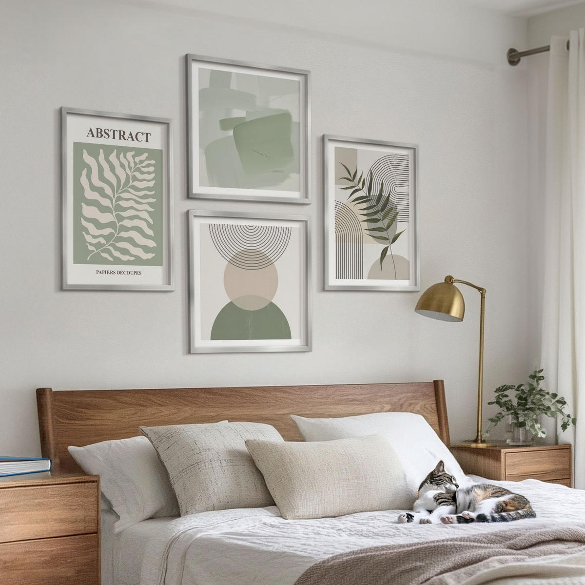 WANDBILDER 4er Set - 50x50 cm & 40x60 cm Silberner Rahmen - Botanische Boho-Abstraktionen - Silberfarben, Kunststoff (50/50cm) - ArtPrintCave