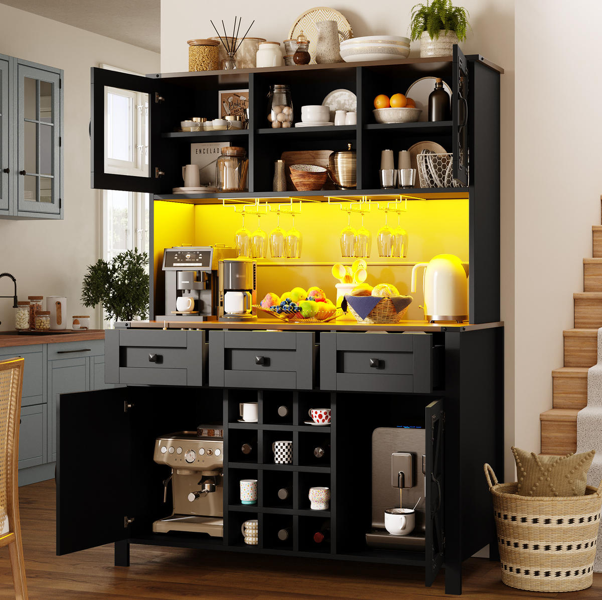 BUFFET 120/170/40 cm Schwarz aus MDF und Glas mit LED-Lichtleiste - Schwarz, Holzwerkstoff (40/170/120cm) - OKMYHOME