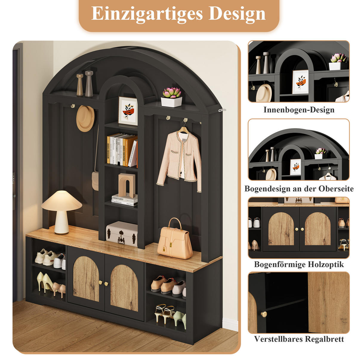 GARDEROBENSCHRANK multifunktional MDF Schuhregal Ablage Haken modern - Schwarz, Holzwerkstoff (40/195/150cm) - FLIEKS