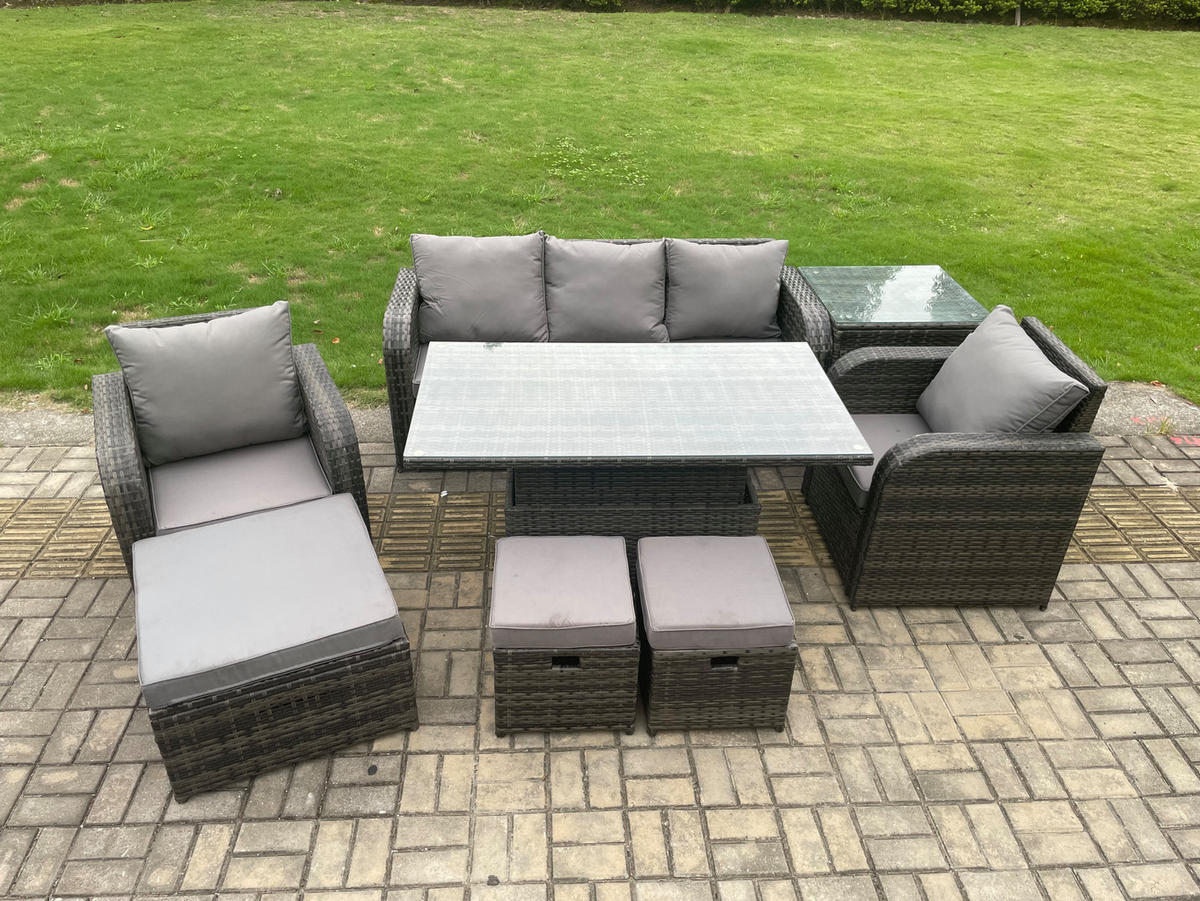 GARTENMÖBEL-SET HÖHENVERSTELLBARER ESSTISCH LOUNGE-SOFA HOCKER Polyrattan Outdoor 8-Sitzer - Dunkelgrau/Grau, Glas/Kunststoff - Fimous