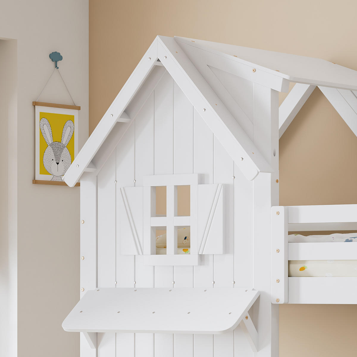 ETAGENBETT 90/200 cm Weiß mit schönen Fenstern und seitlichen Sicherheitsgeländern - Weiß, Holzwerkstoff (90/200cm) - OKWISH