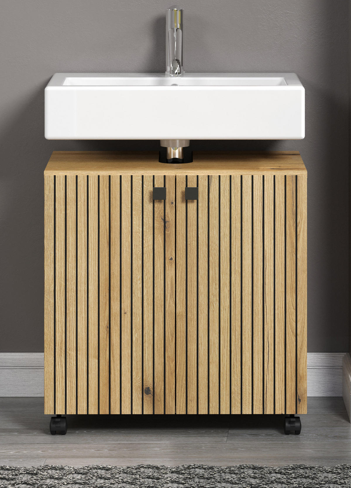 WASCHBECKENUNTERSCHRANK Evoke Eiche 60 cm, Badschrank auf Rollen - Eichefarben/Schwarz, Holzwerkstoff/Kunststoff (60/64/42cm) - Top.Furn