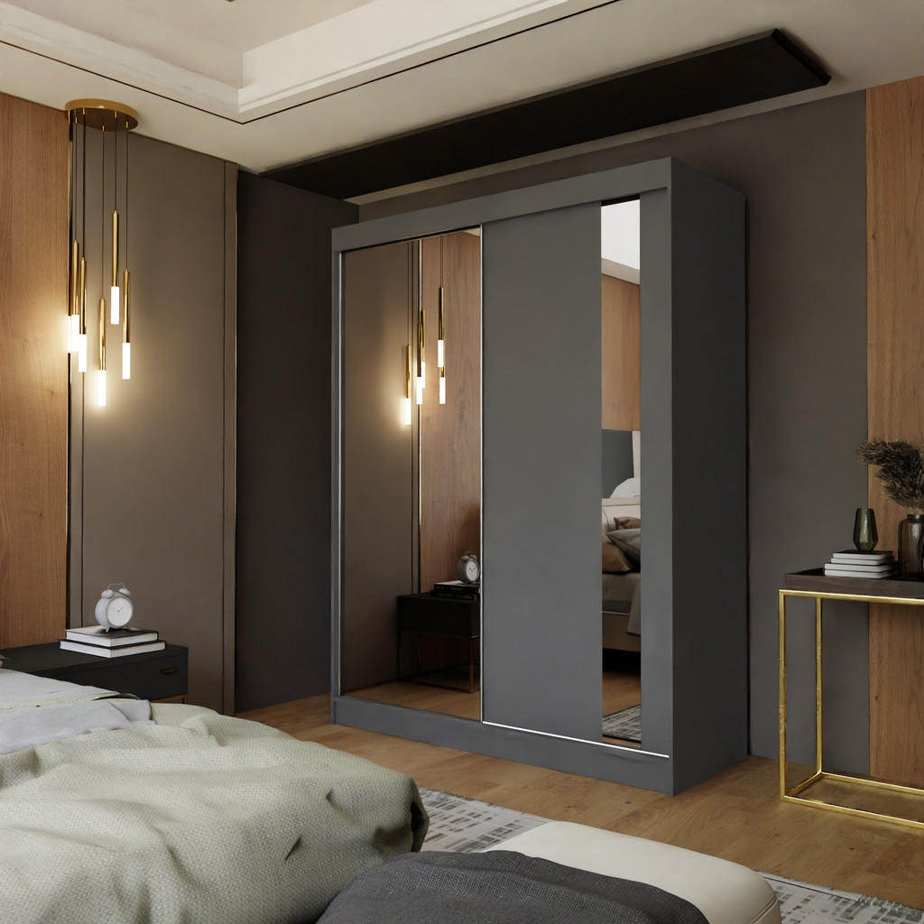 Thumbnail - Masseno Schwebetürenschrank, Grau, Holzwerkstoff, 4 Fächer, Rechteckig, 150x216x61 cm, Schlafzimmer, Kleiderschränke, Sc...