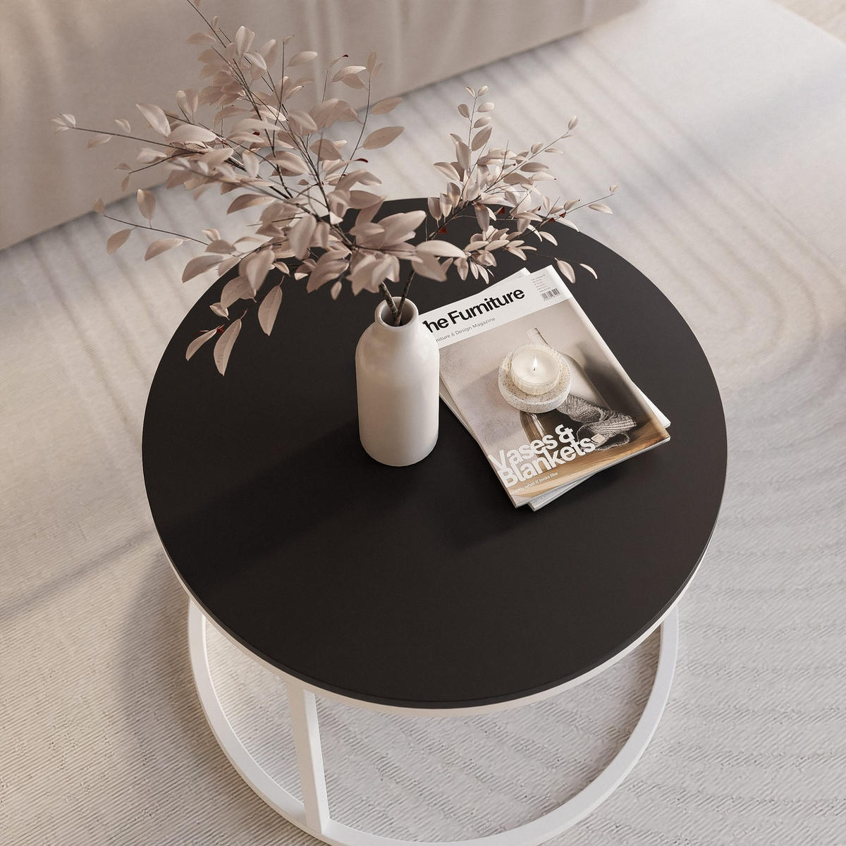 COUCHTISCH 60 cm rund Schwarz, Weiß Gestell - Schwarz, Holzwerkstoff (60/60/42cm) - Idohome
