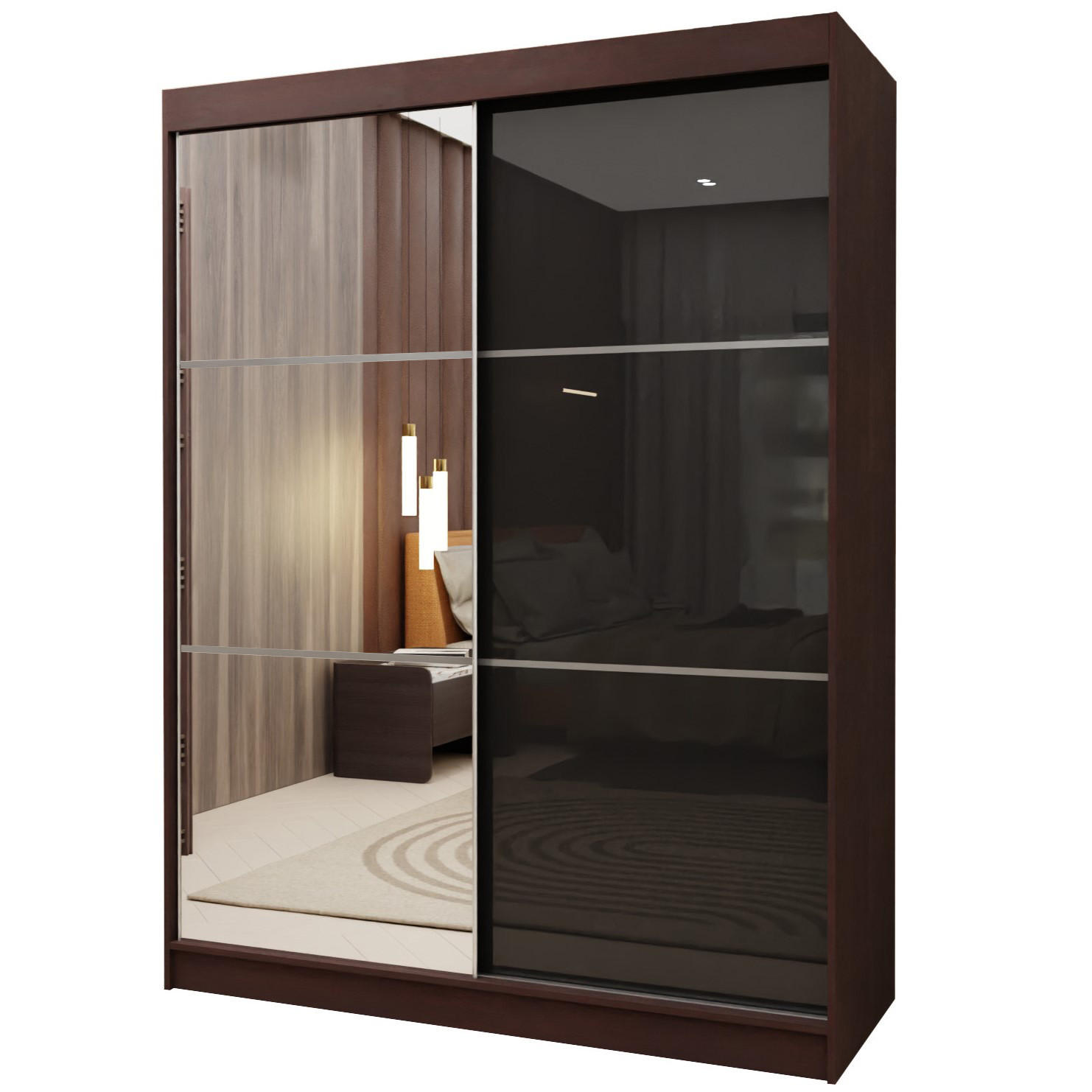 SCHWEBETÜRENSCHRANK VITALE 150/216/61 cm 2-türig mit Spiegel Wengefarben - Wengefarben/Schwarz, Holzwerkstoff (150/216/61cm) - MASSENO