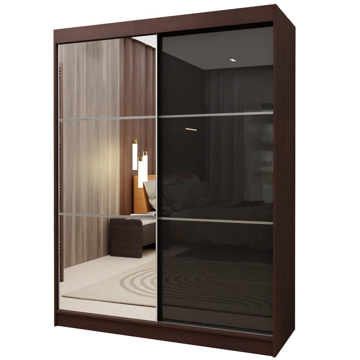 SCHWEBETÜRENSCHRANK VITALE 150/216/61 cm 2-türig mit Spiegel Wengefarben - Wengefarben/Schwarz, Holzwerkstoff (150/216/61cm) - MASSENO