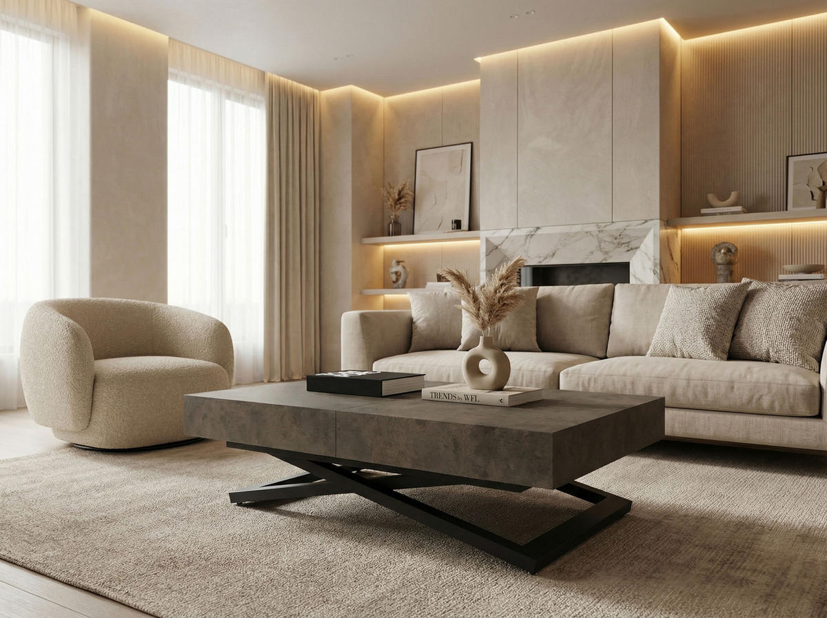 COUCHTISCH Cavetta U höhenverstellbar ausziehbar, Dunkelgrauer Chicago Beton 120-200/80/27-76 cm - Dunkelgrau/Schwarz, Holzwerkstoff/Metall (80/120/76cm) - WFL GROUP