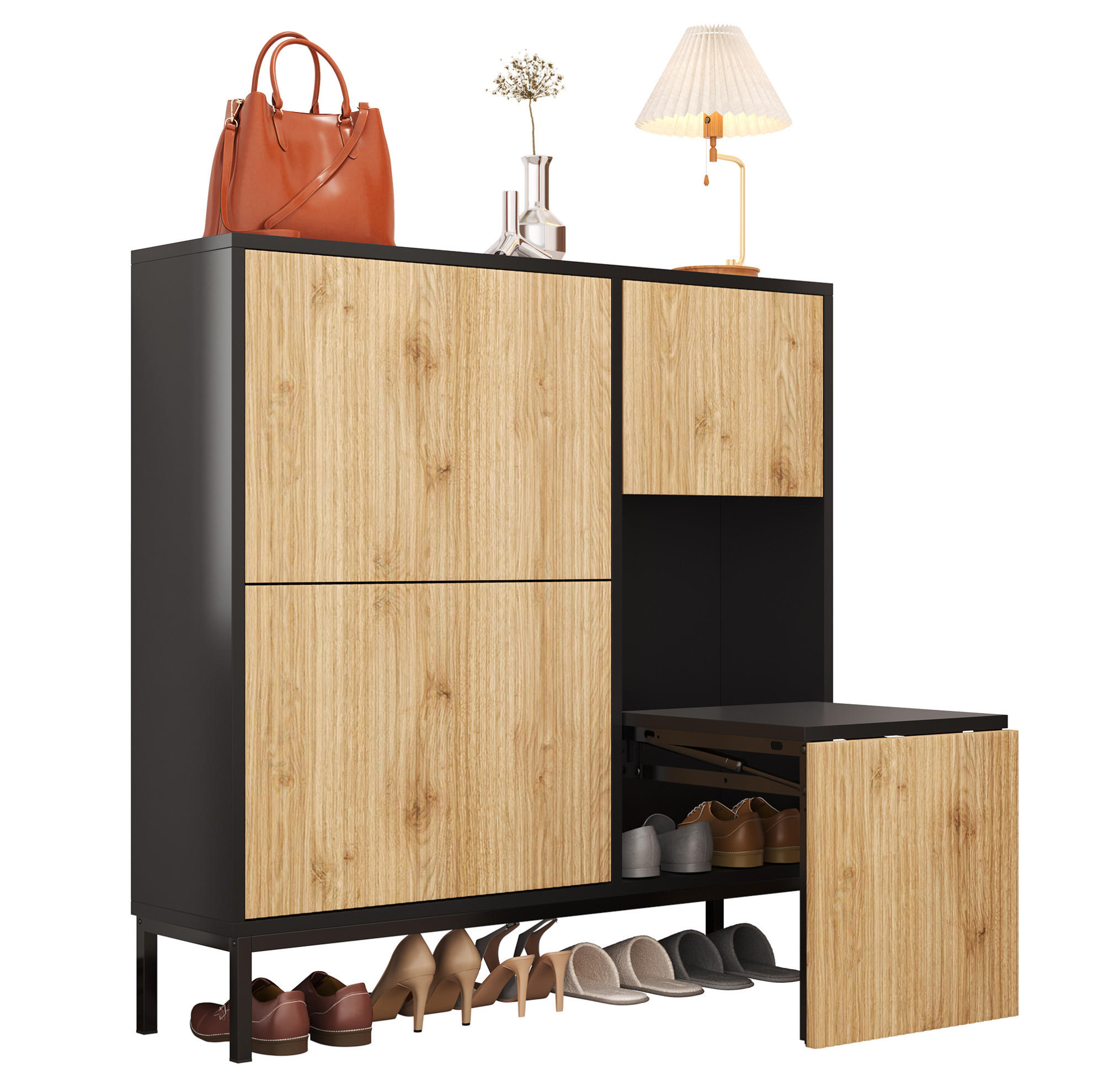 SCHUHSCHRANK 100/25/100 cm in Schwarz/Natur mit 3 Klappen und ausziehbarer Sitzbank - Schwarz, Holzwerkstoff (100/100/25cm) - Flora Grace