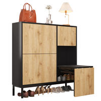 SCHUHSCHRANK 100/25/100 cm in Schwarz/Natur mit 3 Klappen und ausziehbarer Sitzbank - Schwarz, Holzwerkstoff (100/100/25cm) - Flora Grace
