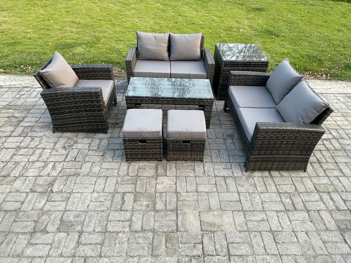 GARTENGARNITUR Polyrattan Dunkelgrau 8-Sitzer - Dunkelgrau, Metall - Fimous