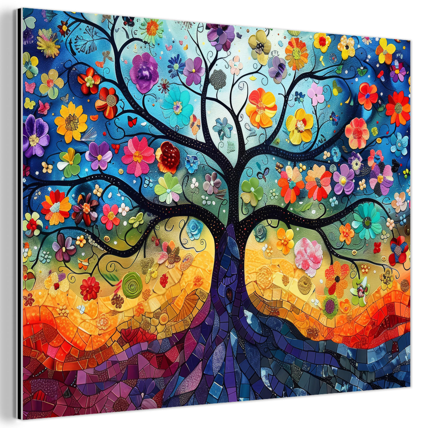 METALLBILD Kunst - Baum des Lebens - Blumen - Hippie 40x30 cm - Dunkelblau, Metall (40/30cm) - MuchoWow
