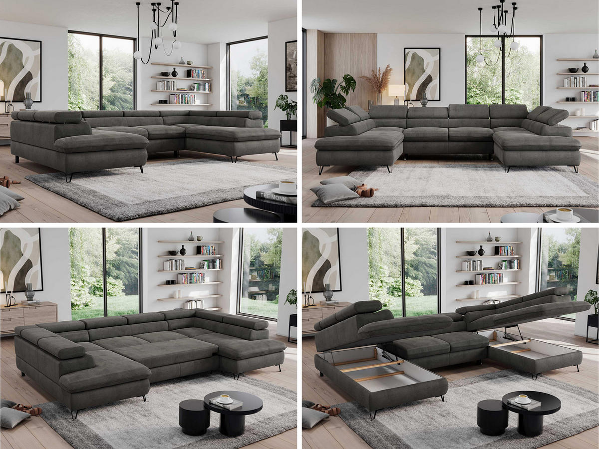 WOHNLANDSCHAFT PEDRO U Velvet Dunkelgrau - Dunkelgrau/Schwarz, Textil/Metall (346/76/208cm) - MKS