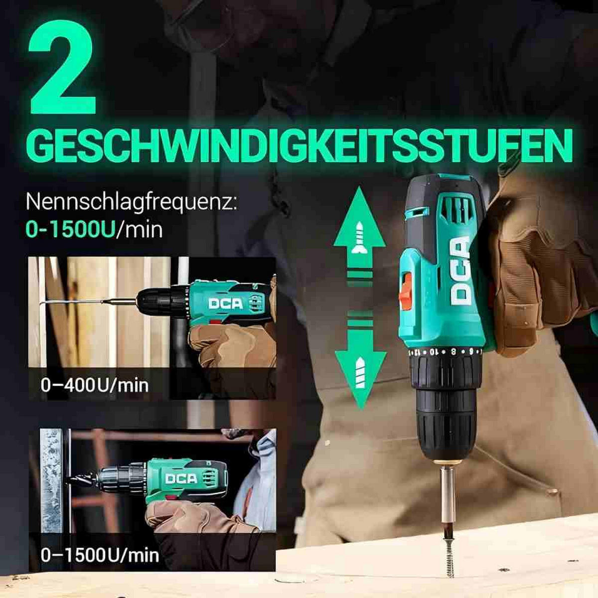 BOHRMASCHINE 20V-2.0Ah Akku, 40 Nm Drehmoment, 10 mm selbstspannendes Bohrfutter - Grün, Metall (22/20/20cm) - DCA