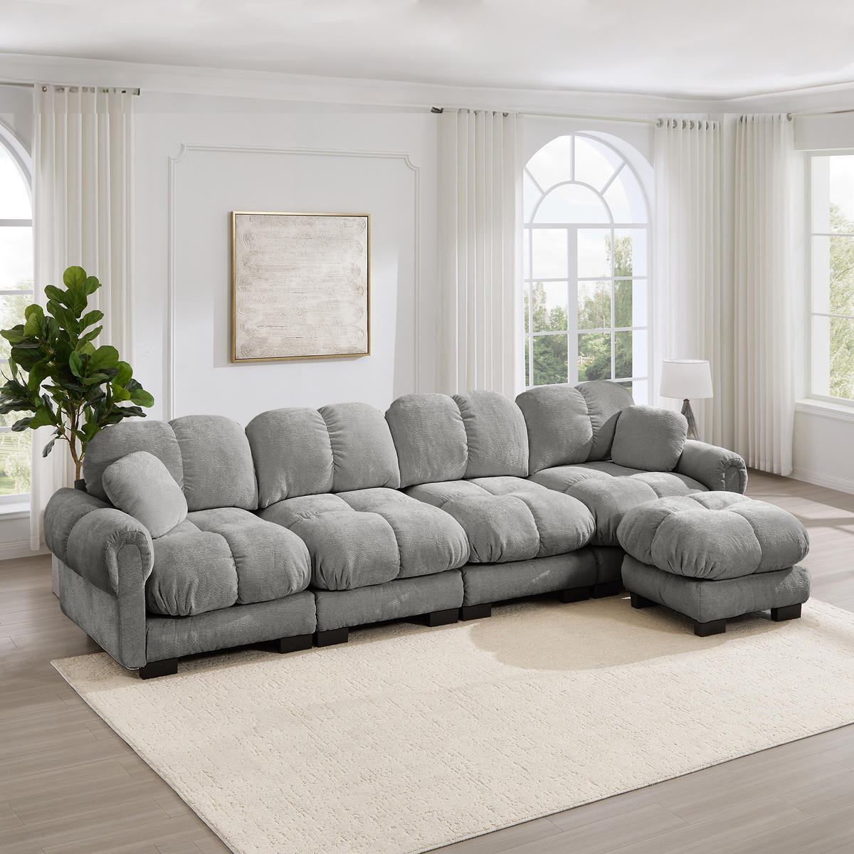 ECKSOFA DE-34384 4-Sitzer mit Steppdesign Hellgrau - Hellgrau, Textil (149/330cm) - ComfortXL