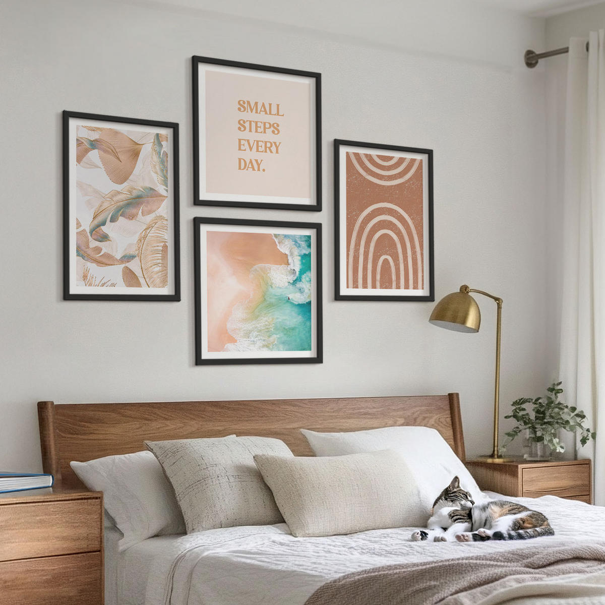 WANDBILDER 4er-Set - 50x50 cm & 40x60 cm Schwarzer Rahmen - Zarte Boho-Blätterschrift - Schwarz, Kunststoff (50/50cm) - ArtPrintCave