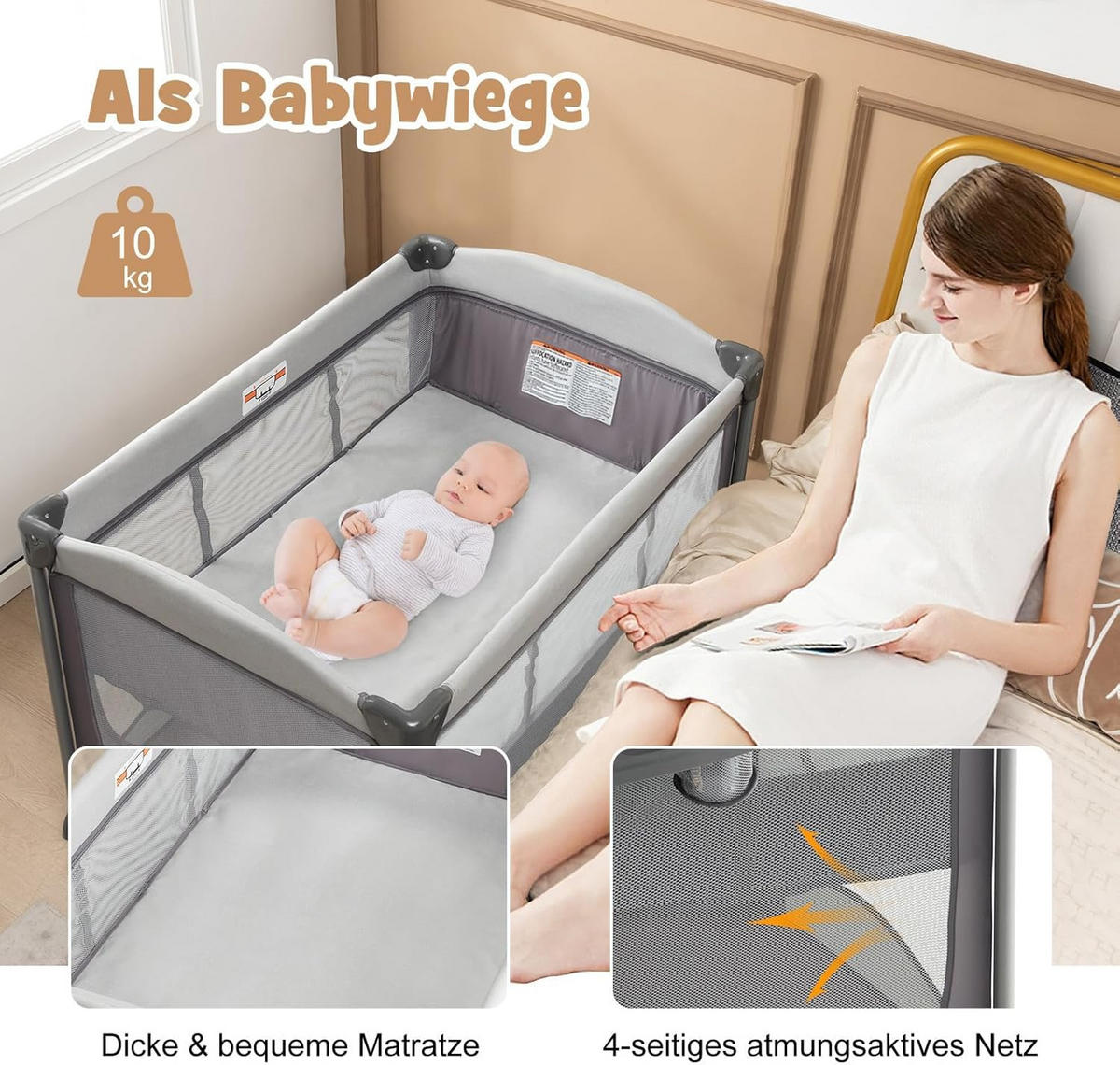 BABYBETT Grau - Grau, Metall - COSTWAY