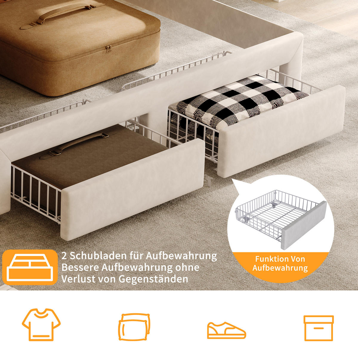 POLSTERBETT 140/200 cm Weiß mit 2 Schubladen, LED-Kopfteil mit Ablage und USB-Anschluss - Weiß, Metall (140/200cm) - EuroLiving