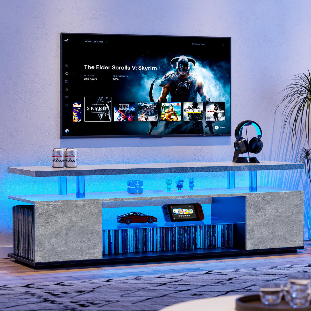 LOWBOARD für 60-Zoll-TV aus Holzwerkstoff mit LED-Beleuchtung Grau/Schwarz - Schwarz, Holzwerkstoff (130/48/40cm) - Modenvie