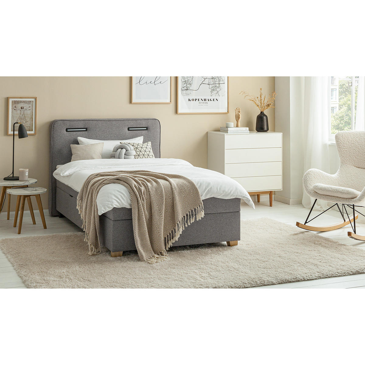 BOXBETT mit Stauraum - inkl. Beleuchtung - Taupe/Grau, Holz/Textil (100/200cm) - home24