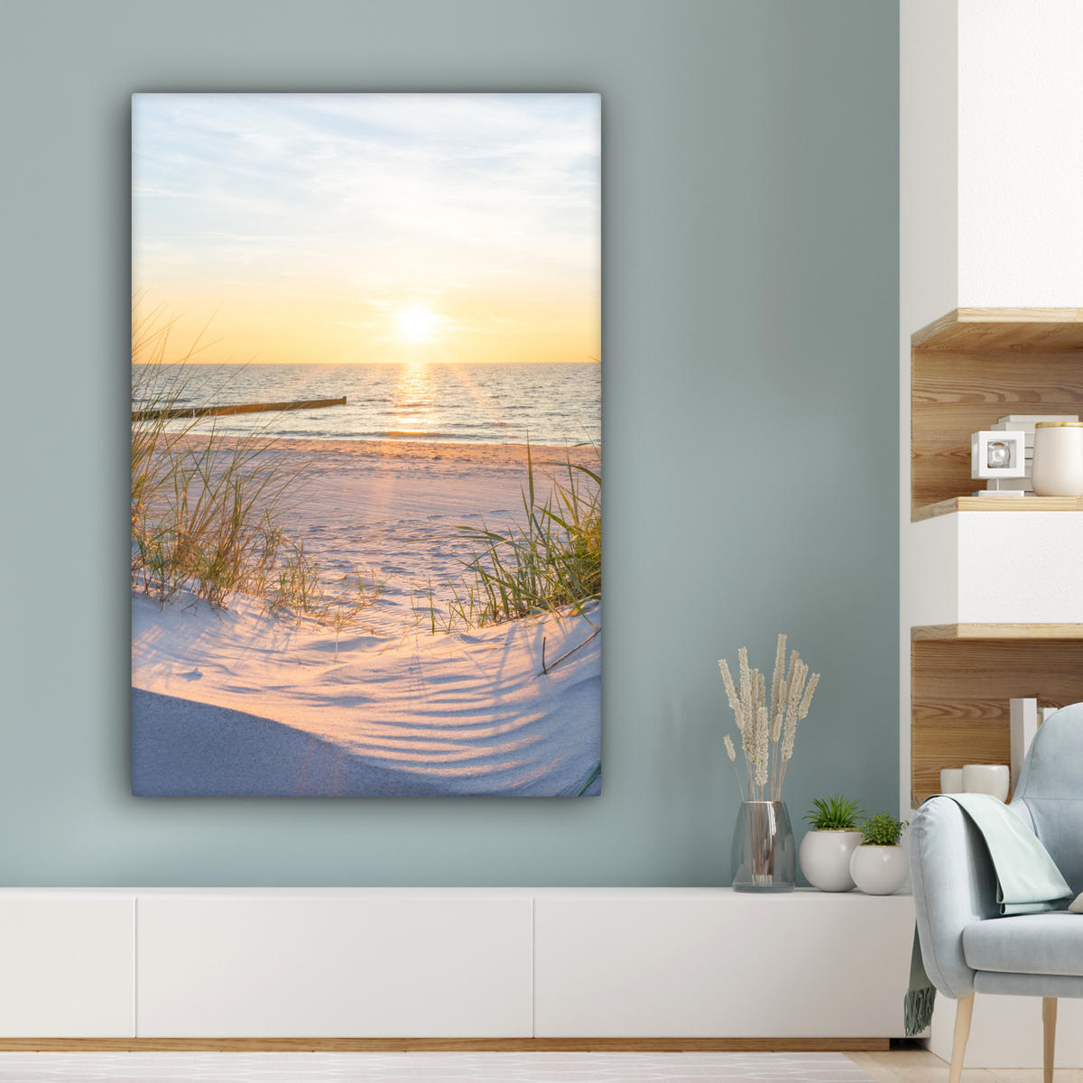 LEINWANDBILD Strand - Sonne - Düne - Gras - Sand - Horizont Deko Groß 90x140 cm - Hellblau, Textil (90/140cm) - MuchoWow