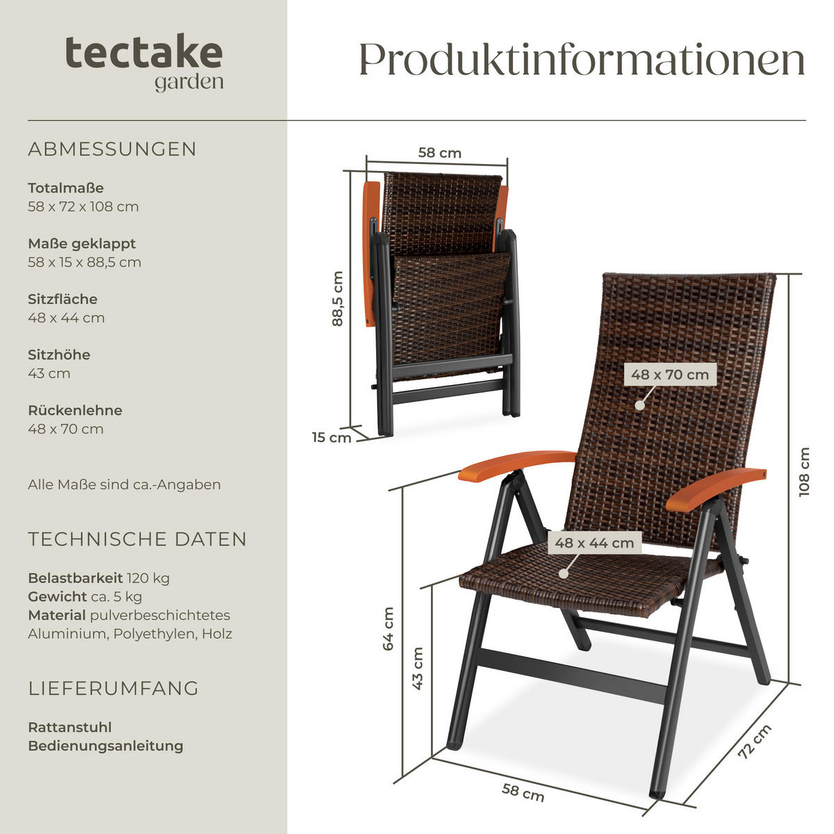 RATTANSTUHL Canberra,58 x 72 x 108 cm,braun - Braun, Kunststoff (58/108/72cm) - tectake