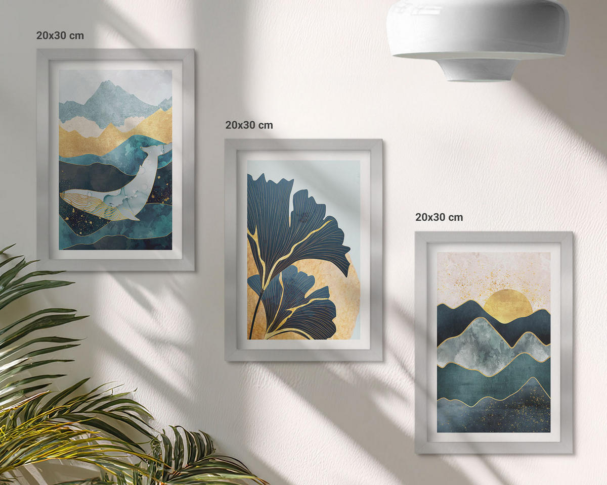 WANDBILDER 3er Set - 20x30 cm Silberner Rahmen - Abstrakte Bergansichten - Silberfarben, Kunststoff (20/30cm) - ArtPrintCave