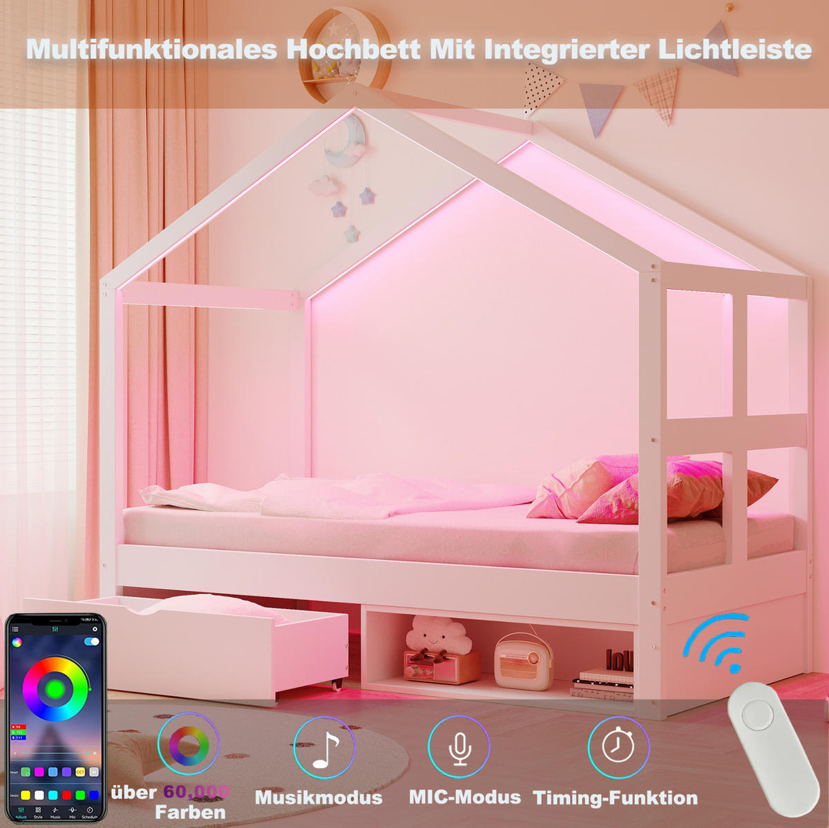 JUGENDBETT 90/190 cm aus Kiefernholz mit Schublade Schuhschrank und LED-Beleuchtung Weiß - Weiß, Holz (90/190cm) - Modenvie