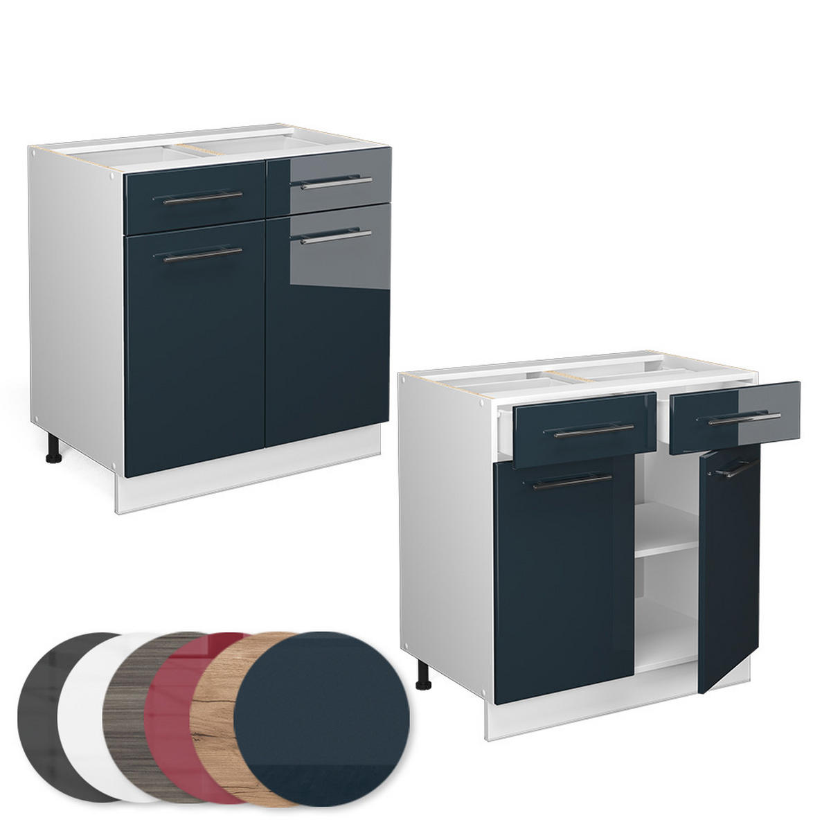 KÜCHENUNTERSCHRANK Fame-Line Dunkelblau Hochglanz 80 cm, AP Marmor - Weiß/Dunkelblau, Holzwerkstoff (80/82/60cm) - Vicco