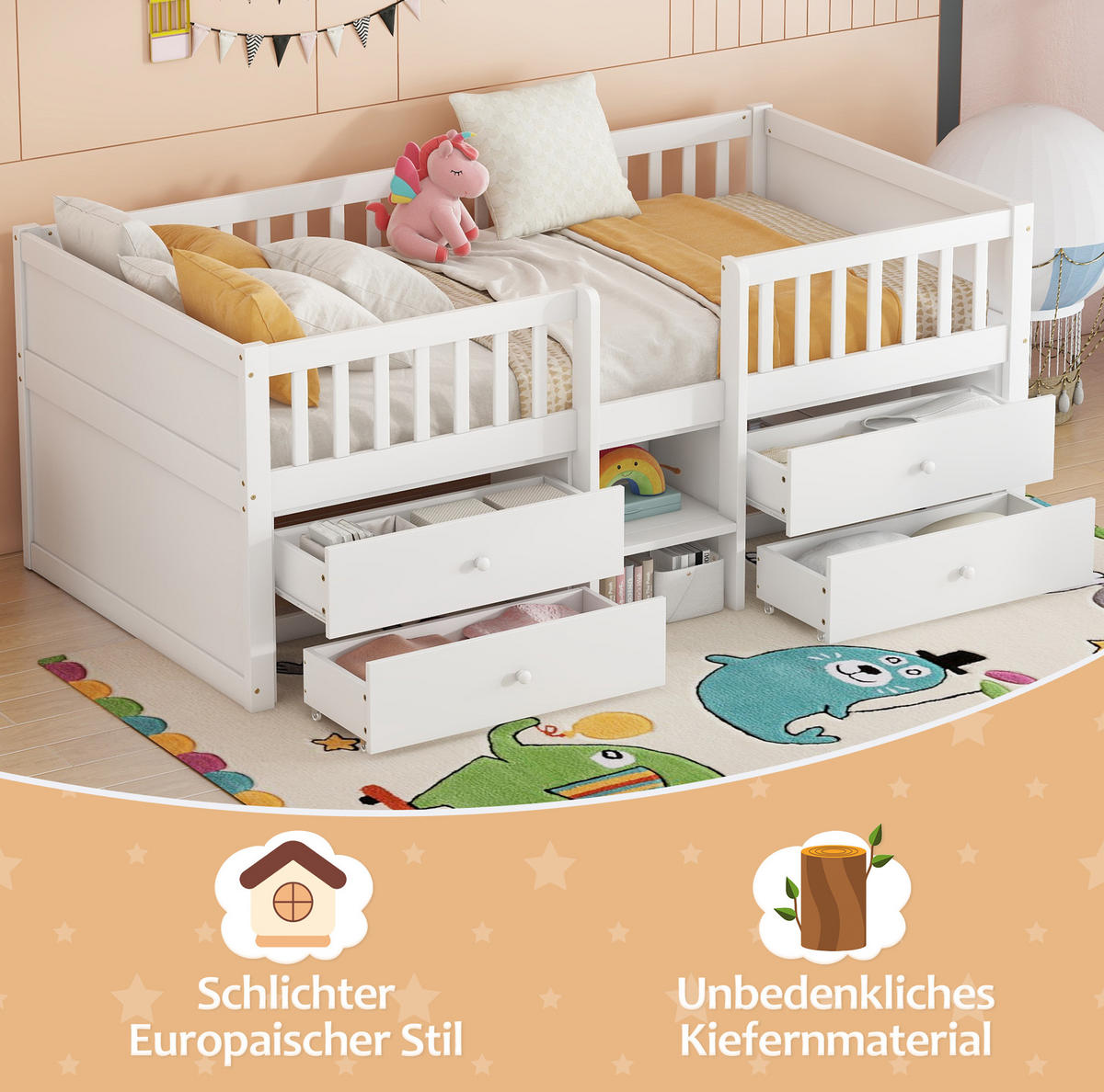 HOCHBETT 90/200 cm Weiß aus Kiefernholz mit 4 Schubladen - Weiß, Holz (90/200cm) - OKMYHOME
