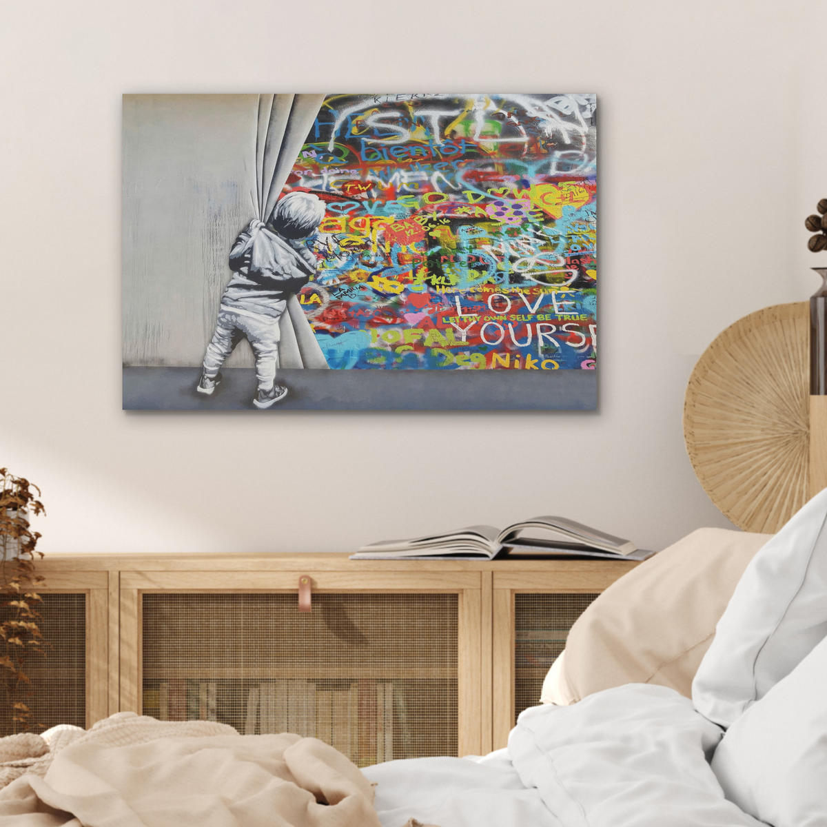 AKUSTIKBILD Graffiti - Junge - Ilussie - Straßenkunst Wanddeko 70x50 cm - Hellgrau, Kunststoff (70/50/0.9cm) - MuchoWow
