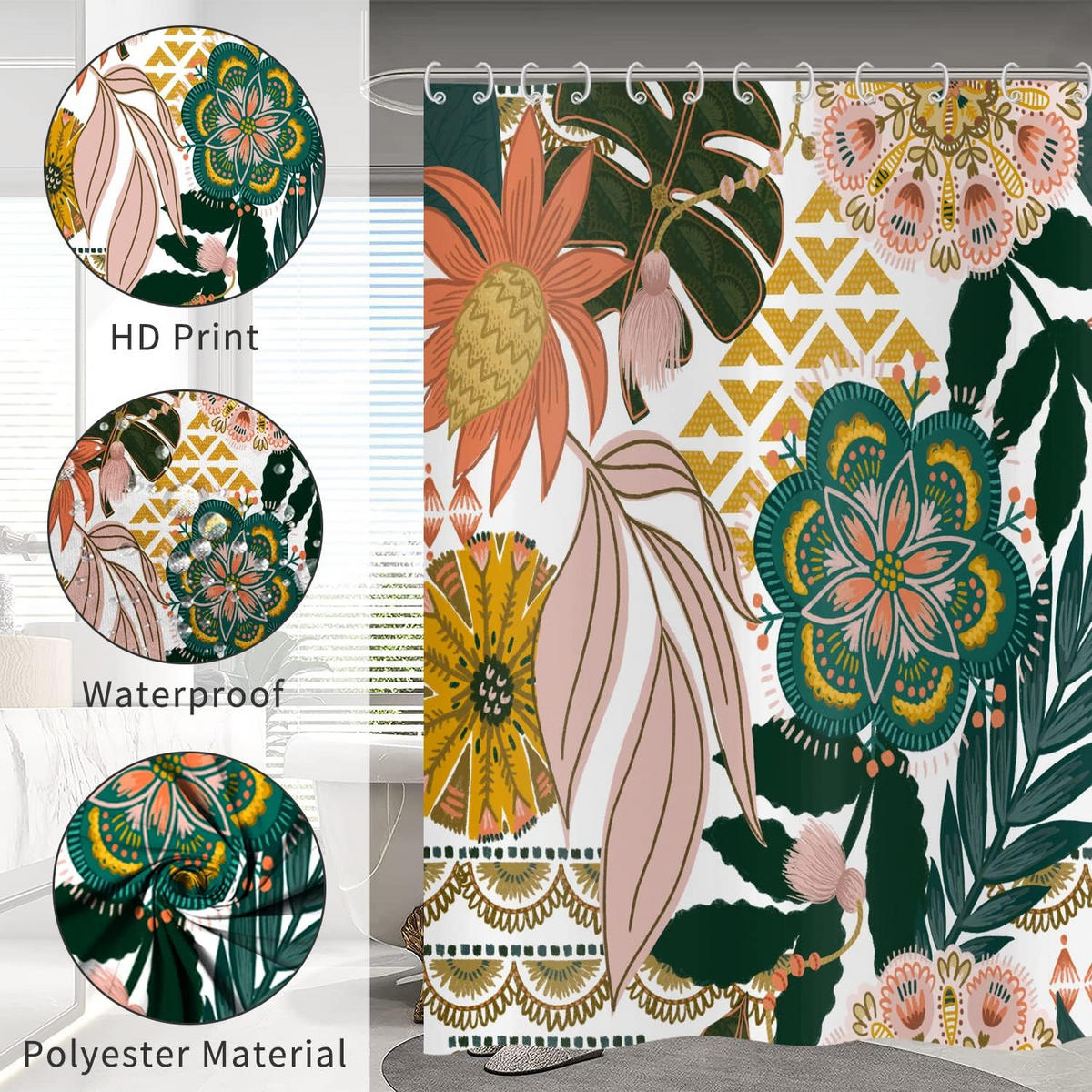 DUSCHVORHANG Boho floral bunt Polyester waschbar wasserfest - Multicolor, Kunststoff (180/180cm) - MCBOSON