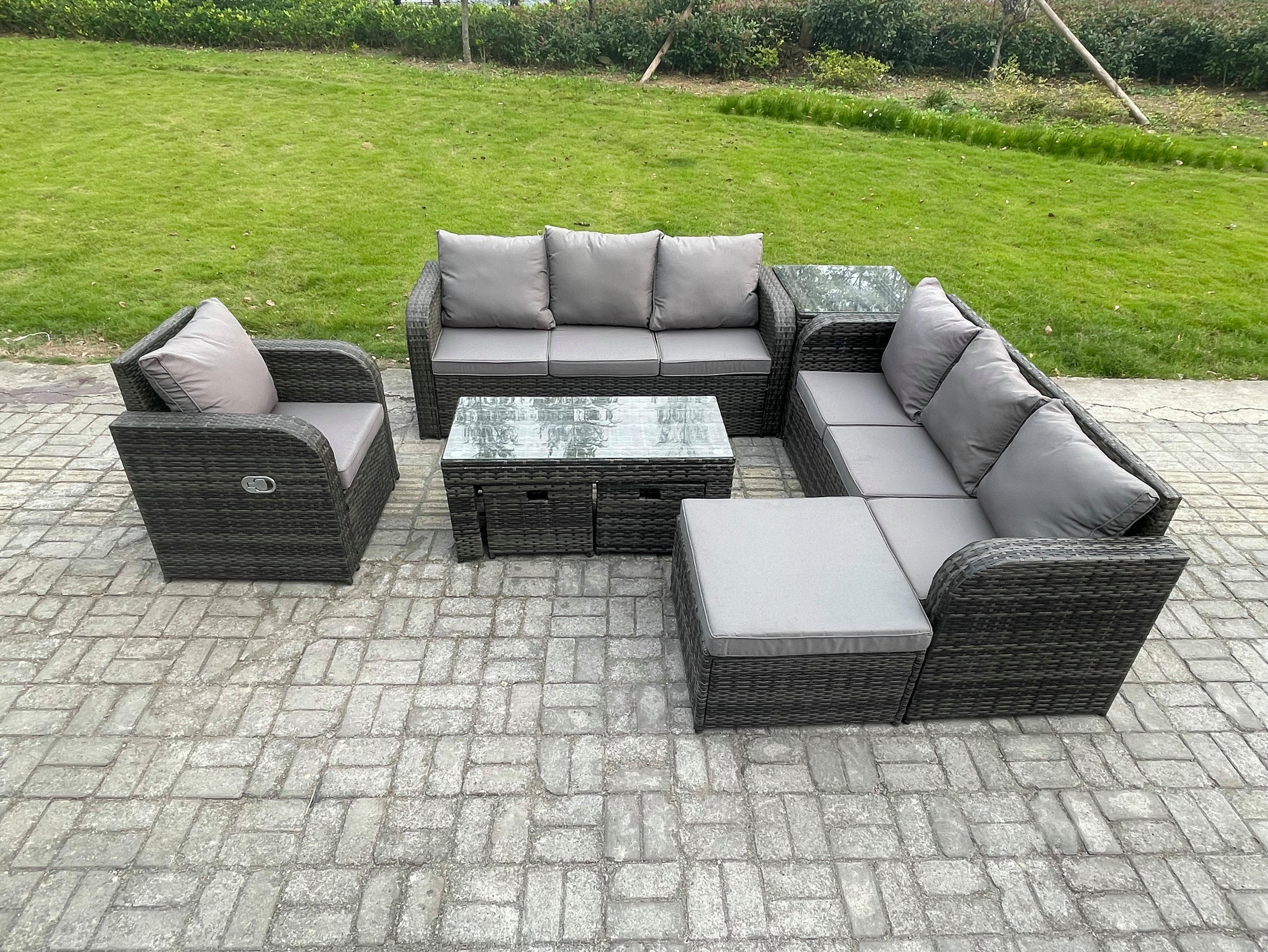 GARTENSOFA SET mit rechteckigem COUCHTISCH Polyrattan 10-Sitzer Dunkelgrau - Dunkelgrau/Grau, Glas/Kunststoff - Fimous