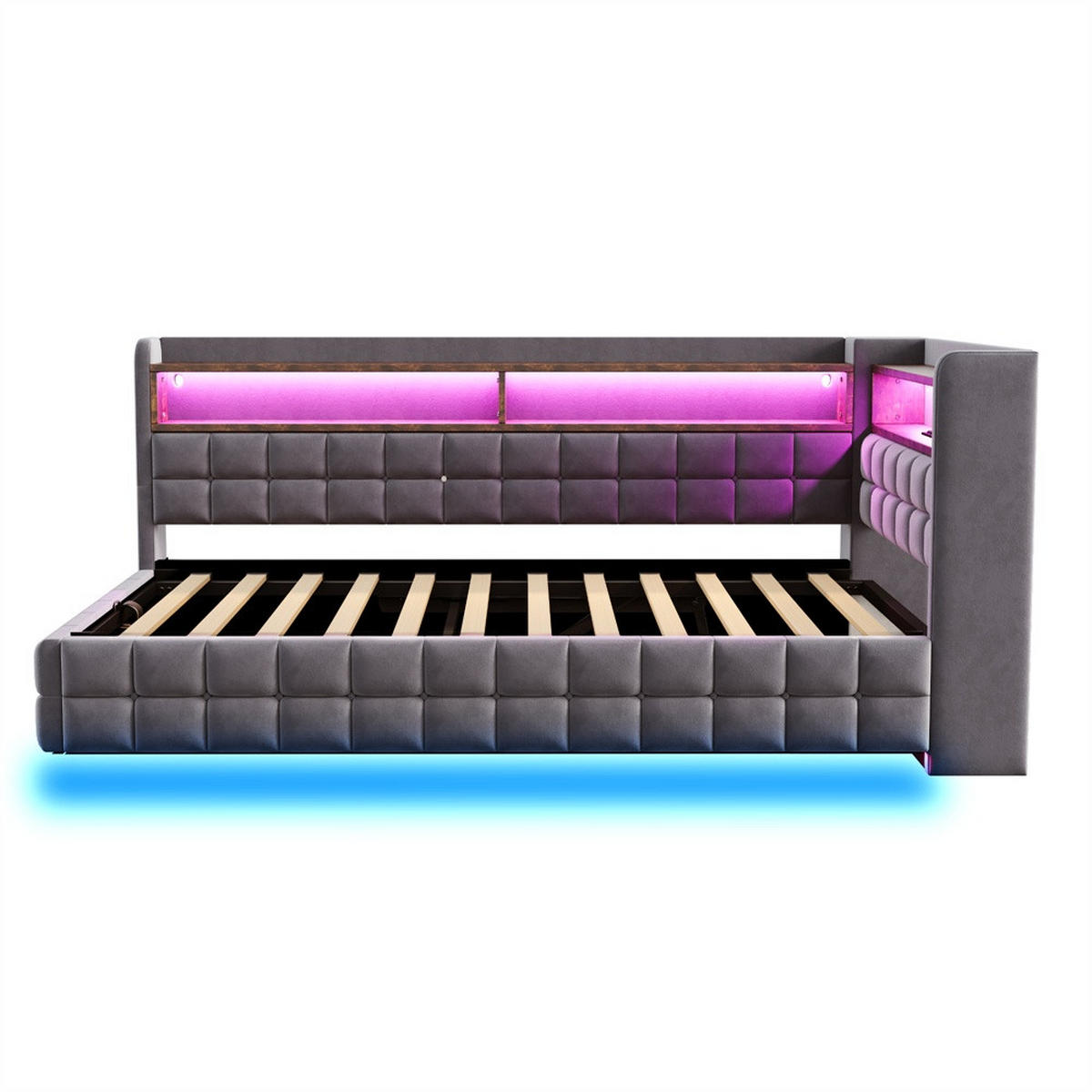 POLSTERBETT 90x200 cm mit hydraulischem Stauraum und Regal - LED Beleuchtung - USB & Typ-C - Grau - ohne Matratze - Grau, Textil (90/200cm) - DELFA