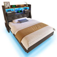 POLSTERBETT 90/200 cm mit LED-Beleuchtung, USB- und Type-C-Ladeanschlüssen sowie Stauraumkopfteil und Matratze, Grau - Grau, Textil (90/200cm) - Redom