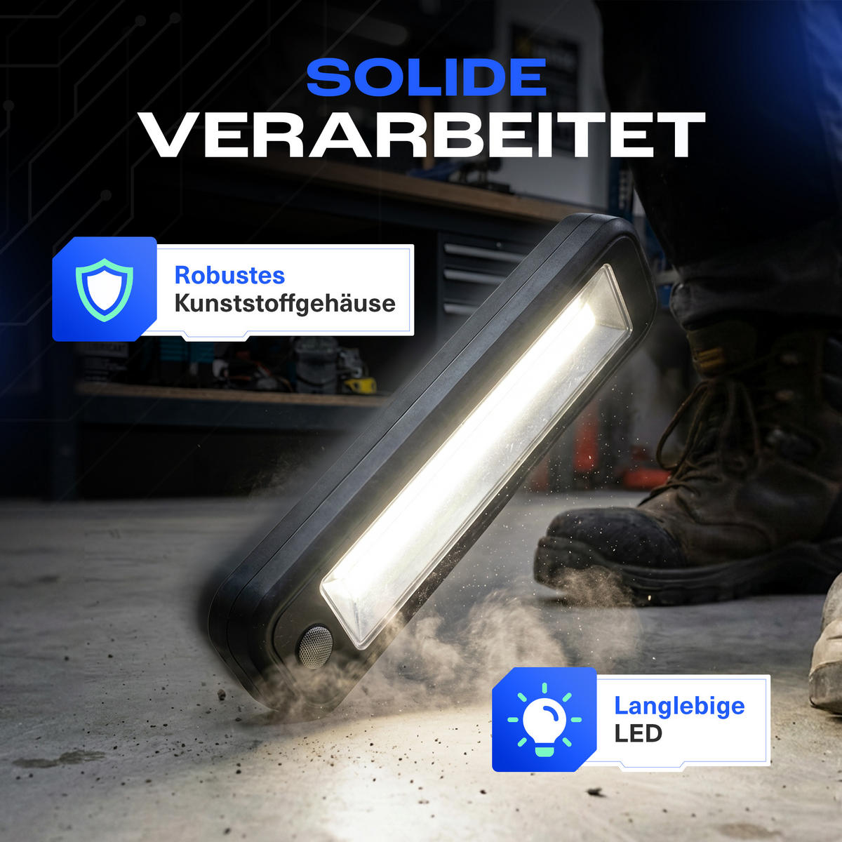 LED-BATTERIE-ARBEITSLEUCHTE - praktische Handlampe mit Magnet und Haken für Werkstatt und Zuhause, 1 Stück - Weiß, Kunststoff (5.5/2.9/22cm) - Northpoint