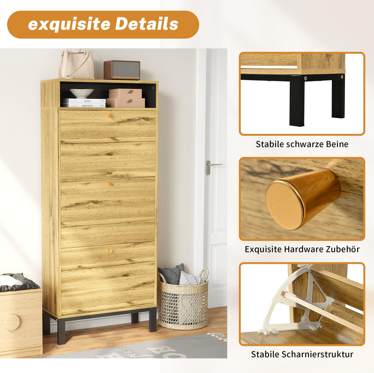 SCHUHSCHRANK 63/24/147 cm mit 3 Klappen in Naturfarbe, schmales Design - Naturfarben, Holzwerkstoff (63/147/24cm) - BEAOK