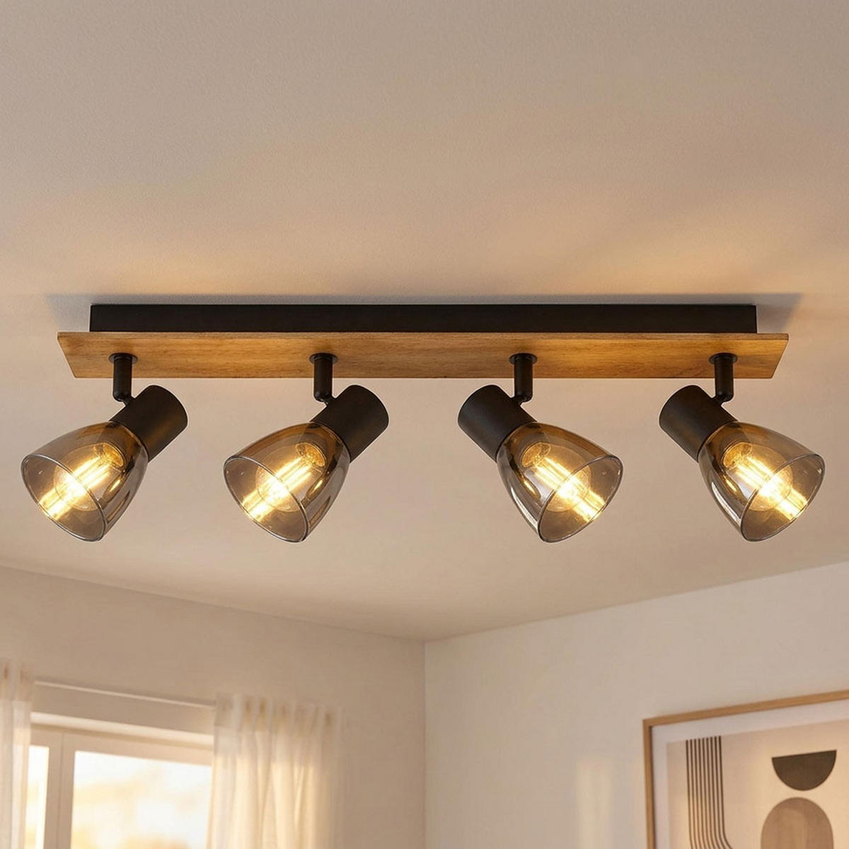 DECKENLEUCHTE Holz, Rauchglas, Schwarz, bewegliche Spots - Schwarz, Holz (50/7/15.5cm) - Globo Lighting