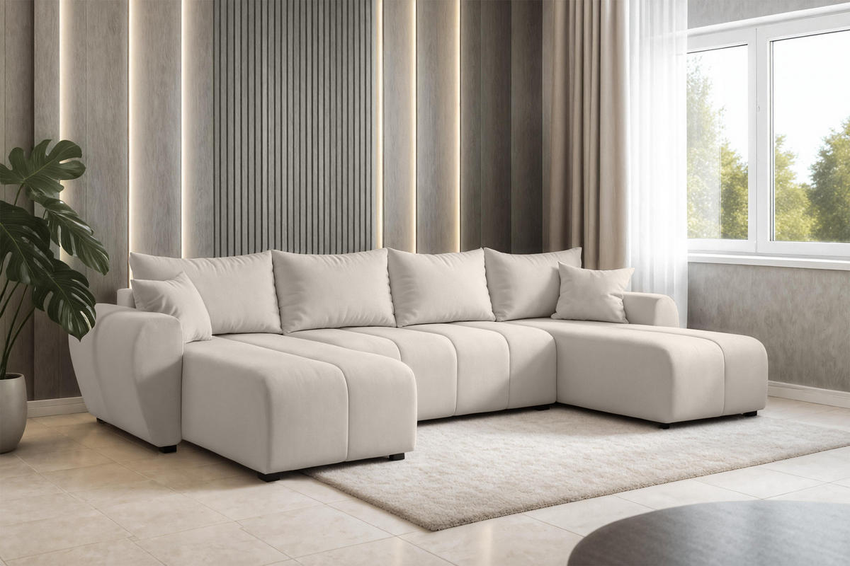 WOHNLANDSCHAFT Malatya U Form Beige 311/145/82 cm mit Schlaffunktion - Beige/Schwarz, Kunststoff/Textil (311/82/145cm) - AX Living
