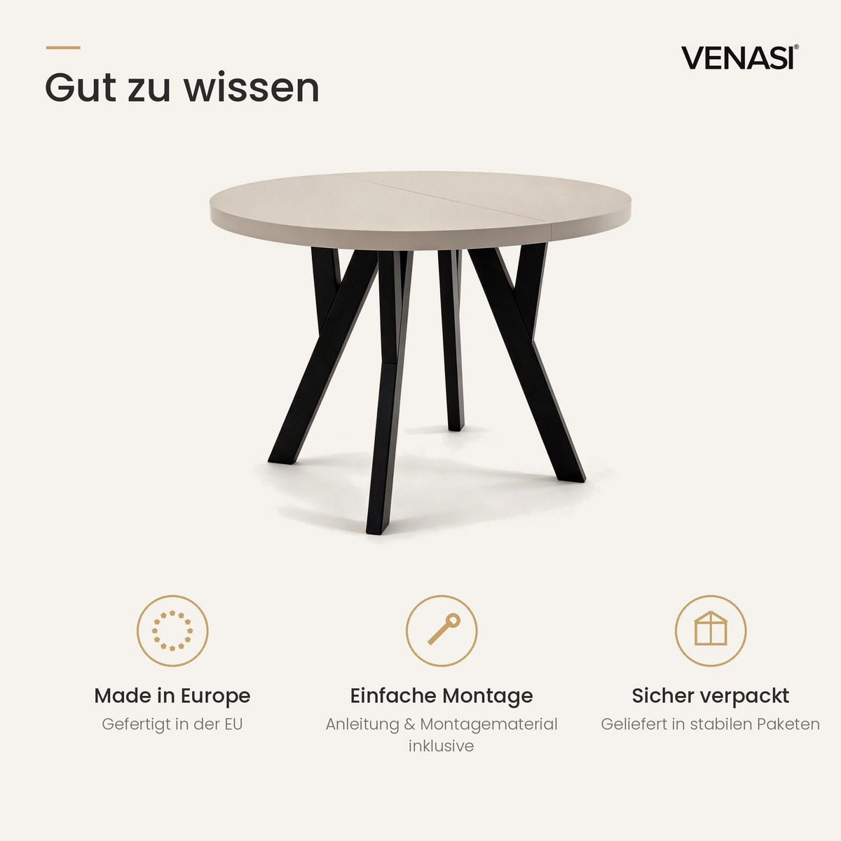 ESSTISCH ausziehbar rund 90-190 cm ATO Kaschmir, Auszugstisch mit Einlegeplatte - Kaschmir/Schwarz, Holzwerkstoff (90/90/77cm) - VENASI MÖBEL